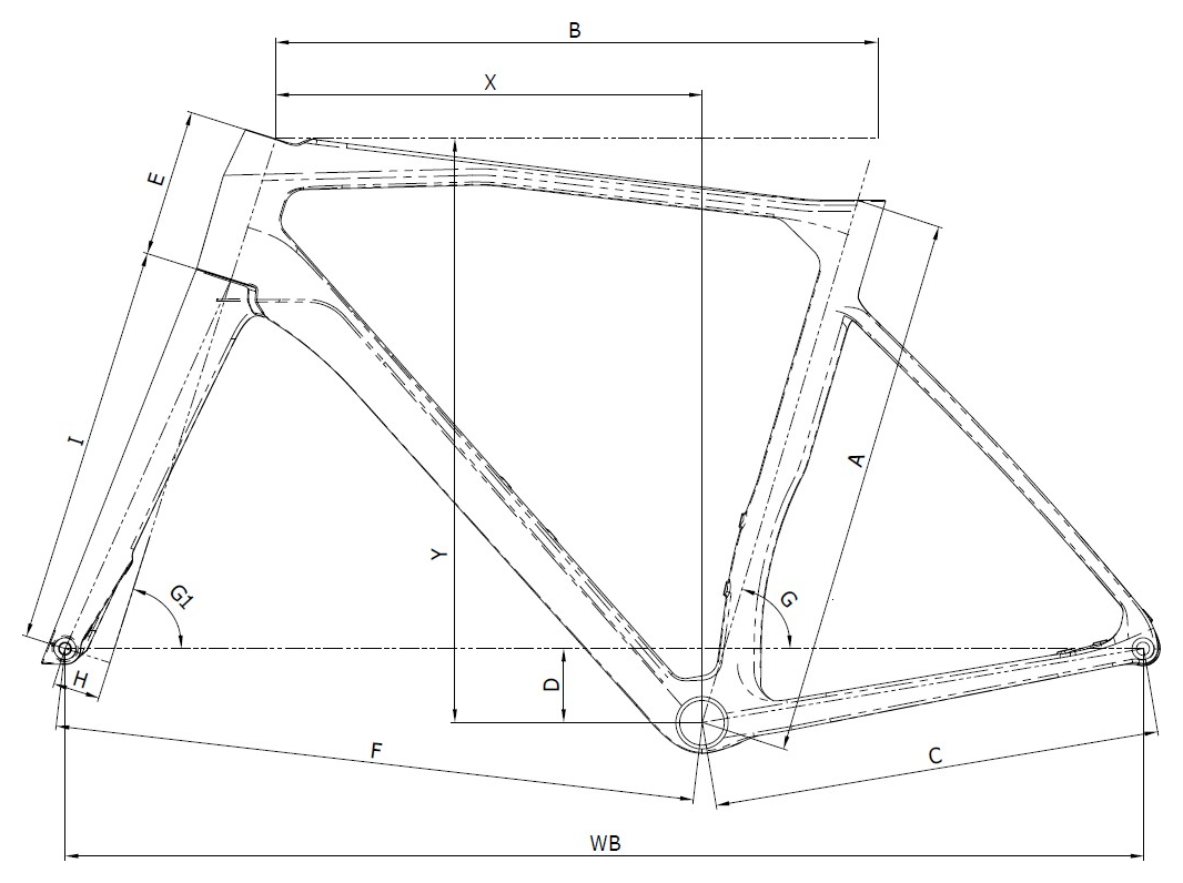 Geometriezeichnung Bianchi Specialissima Pro mit Stack, Reach und Rahmenmaßen