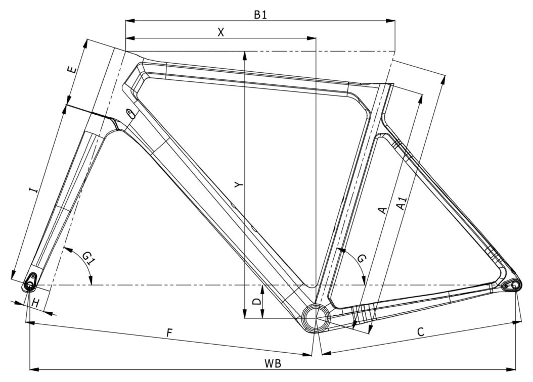 Geometriezeichnung Bianchi Sprint mit Stack, Reach und Rahmenmaßen